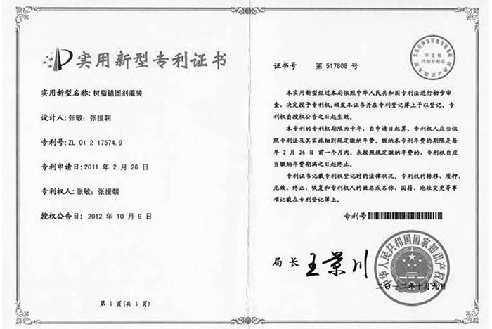 樹脂錨固劑灌裝專利證書
